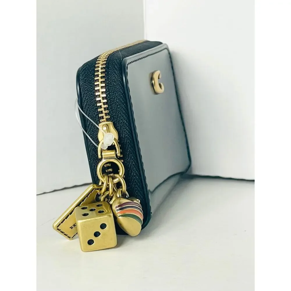 Coach Essential Small Zip Around Wallet Black Spazzolato Leather Charms CCD82